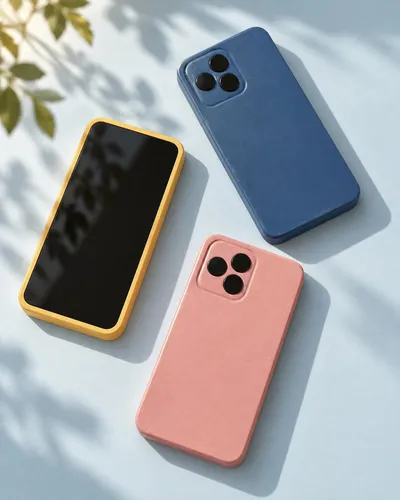 Three wooden phones in yellow, blue and pink