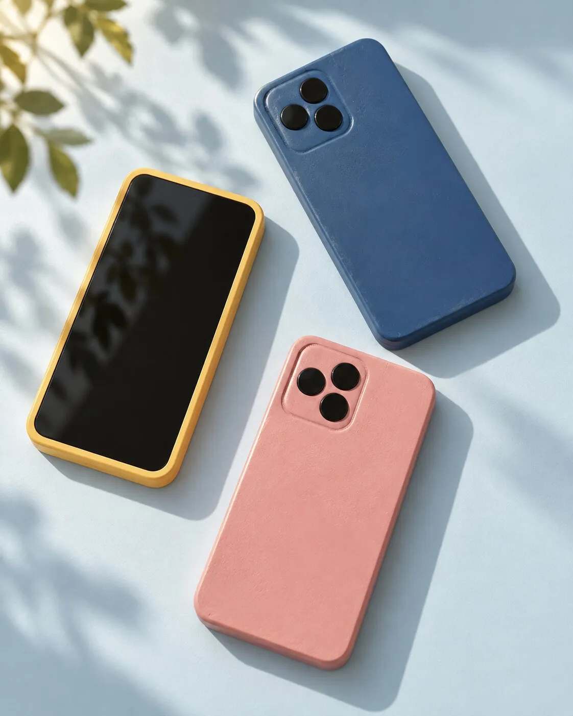 Three wooden phones in yellow, blue and pink