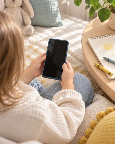 A child holds a blue wooden phone